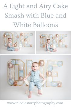 a baby is sitting in front of a cake smash with blue and white balloons on it