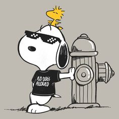 a cartoon dog is looking at a fire hydrant with sunglasses on it's head