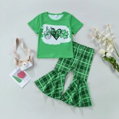 Brand New In Package Cotton/Polyester Bell Bottom Outfit, Bell Bottoms Outfit, Tracksuit Outfit, St Patrick's Day Outfit, Girls Clothing Sets, Plaid Pants, Bell Bottom, Kids Fashion Girl, Baby & Toddler Clothing