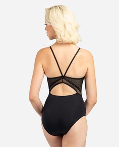 Brand Lulli Style LUF701 This camisole leotard features a straight neckline with insert and V-shaped back straps. The cutout mesh panel back detail provides a modern style to the traditional camisole style. Leotard has a ballet cut leg line and full front lining with a built-in shelf bra & pockets for bra cups. Elegant Camisole Bodysuit With Adjustable Straps, Fitted Backless Leotard With Built-in Bra, Backless Nylon Leotard With Built-in Bra, Black Cross Back Bodysuit With Built-in Bra, Black Stretch Backless Camisole, Backless Shapewear Leotard With Built-in Bra, Elegant Spaghetti Straps Stretch Bodysuit, Elegant Spaghetti Straps Elastane Bodysuit, Elegant Spaghetti Strap Bodysuit