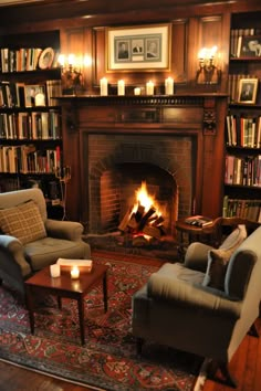 a living room filled with furniture and a fire place next to a book shelf full of books