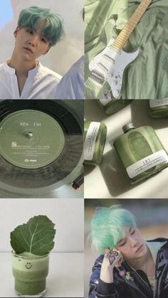 a collage of photos with green hair and various items including a record, plant