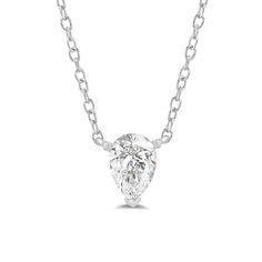 Add instant glamour to your daily wear with this pear solitaire necklace. The white gold pendant features a stylized three-prong basket securing pear-cut diamond that points downwards. This necklace delivers a subtle sparkle that can go from office to evening wear with ease. White Gold Necklace With Single Pear-shaped Diamond, White Gold Pear-shaped Single Diamond Necklace, White Gold Pear-shaped Necklace With Diamond, Pear-shaped White Gold Necklace With Single Diamond, Classic White Solitaire Teardrop Pendant Necklace, White Gold Solitaire Teardrop Pendant Necklace, Classic White Solitaire Necklace With Teardrop Pendant, White Gold Solitaire Necklace With Teardrop Pendant, Timeless Pear-shaped White Gold Diamond Necklace