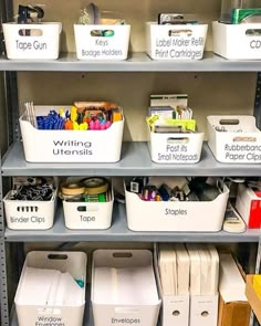 the shelves have bins with writing utensils and other items in them on them