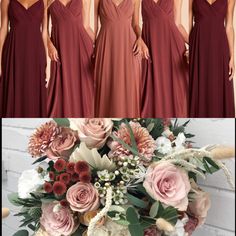 bridesmaid dresses and bouquets are arranged in the same color scheme for this photo