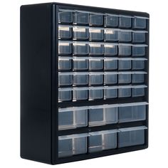 a black storage cabinet filled with plastic containers and bins on top of each other