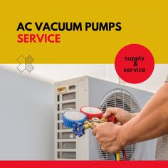 a person is holding a hose and plugged in to an air conditioner with the words ac vacuum pumps service on it