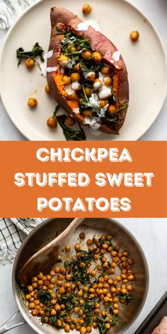 chickpea stuffed sweet potatoes with spinach and white sauce in a pan on a table