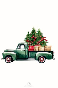 a green truck with a christmas tree in the back and presents on the bed, all wrapped in red ribbon