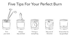 the five tips for perfect burn in different glasses and cups, with text overlaying them