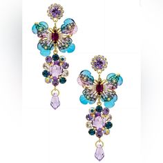 Gold-Tone Plated Acetate And Rhinestone Charms. Post Back Closure. Measures Approx 2.5" In Length Purple Rhinestone Drop Earrings, Purple Rhinestone Crystal Earrings For Party, Party Purple Crystal Rhinestone Earrings, Elegant Purple Rhinestone Crystal Earrings, Purple Crystal Rhinestone Earrings, Purple Jeweled Dangle Earrings, Purple Rhinestone Party Earrings, Purple Rhinestone Earrings For Party, Purple Jeweled Crystal Earrings