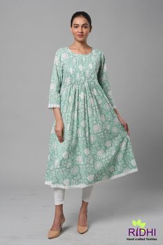 Indian Mughal Block Printed Tunic. Designer Long Kurti , Indian Block Print Summer dress, Gift for her, Dress with pockets on both the sides. Front and back pleating and loose from hips for comfort during summers. Fabric Details ; 100% Pure soft cotton mughal Hand block print. Sizes; Small - 36 Chest size Medium; 38 Chest size Large; 40 Chest size Extra Large; 42 Chest size Sleeve Length; 3/4 Long Pockets ; On both the sides Lower; No Lower, only the top Wash Care Instructions; First few wash se Green Cotton Dress For Wedding, Green Cotton Wedding Dress, Pleated Kurti Designs, Block Print Top, Lace Summer Dress, Dress India, Indian Bridesmaid Dresses, Indian Bridesmaids, Long Kurti