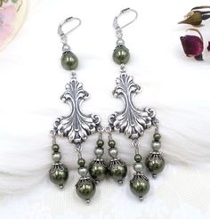 Forest Green Sage Faux Pearl Rococo Chandelier Earrings, Ren Faire Cosplay Ren Faire Jewelry, Handcrafted Artisan Jewelry, Rococo, Forest Green, Chandelier Earrings, Sage Green, Artisan Jewelry, Faux Pearl, Jewelry Watches