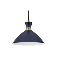 a blue and gold pendant light hanging from a ceiling fixture with a black cord attached to it