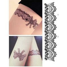 three pictures of different tattoos and designs on the side of their legs, one with a bow