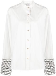 chalk white cotton poplin texture sequin and cut-out detailing mandarin collar front button fastening long sleeves high-cuffs curved hem Shirt Cuff, Chalk White, Poplin Shirt, Shirt Skirt, Lady Dior, Shirt Accessories, Mandarin Collar, Lace Boots, Lace Up Shoes