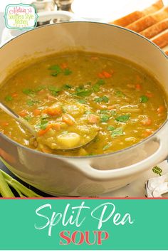 a bowl of split pea soup with carrots and celery