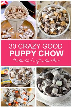 various pictures of different types of dog food in bowls and on the table with text overlay that says, 30 crazy good puppy chow recipes