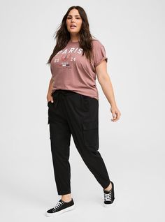 Relaxed Fit Jogger Stretch Challis Mid-Rise Cargo Pocket PantPlus Size Relaxed Fit Jogger Stretch Challis Mid-Rise Cargo Pocket Pant, DEEP BLACK Disney Leggings, Fitted Joggers, Fun Pants, Soft Pants, Swimming Outfit, Cargo Pocket, Bra And Panty Sets, Pocket Pants, Bottom Clothes