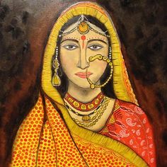 a painting of a woman in yellow and red sari with gold jewelry on her face