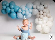 a baby sitting on the ground with balloons in the background