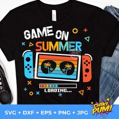 a t - shirt that says game on summer with an old tv and palm trees