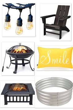 an assortment of outdoor furniture and accessories with the words smile written on them, including a fire