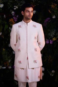 Papyrus white silk chanderi quilted jacket with floral hand block print. Comes with trouser and a kurta. - Aza Fashions Transitional White Raw Silk Nehru Jacket, White Nehru Jacket With Naqshi For Transitional Season, Ceremonial White Naqshi Nehru Jacket, White Stand Collar Bandhgala For Wedding, White Bandhgala With Stand Collar For Wedding, White Fitted Nehru Jacket With Cutdana, Designer White Nehru Jacket With Cutdana, Designer White Nehru Jacket With Naqshi, White Nehru Jacket With Cutdana For Reception