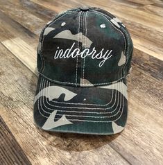 Indoorsy Embroidery design Ladies Baseball Cap Ladies fit camo ball cap with brass clasp closure. These are  sized for a ladies fit. Fun design for those of us who prefer the great in doors!   Gotta love a Hat with Attitude!  Other thread options available.  Camo hats available for other designs, names and monograms as well. Please message me for a no obligation proof. Thank you for looking! Corgi Butts, Camo Hats, Base Ball, Poop Bag Holder, Womens Baseball Cap, Bag Holder, Fun Design, No Problem, Ball Cap