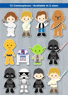 star wars character stickers on a wooden background