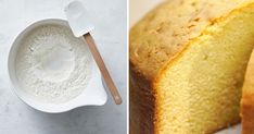 two pictures side by side, one with bread and the other with powdered sugar