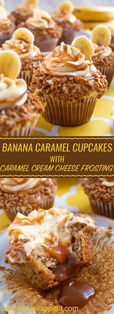 banana caramel cupcakes with caramel cream frosting and bananas on top