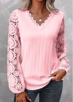 Color:Light Pink;Size:S;Size:M;Size:L;Size:XL;Size:XXL;Package Contents:1 X Blouse;Occasion:Other;Style:Casual; Fall V-neck Blouse With Lace Patchwork, Pink Long Sleeve Tops With Lace Patchwork, Pink Long Sleeve Top With Lace Patchwork, Spring Pink Tops With Lace Sleeves, Pink Lace Sleeve Top For Spring, V-neck Blouse With Lace Patchwork For Fall, V-neck Lace Patchwork Top For Fall, Spring Pink Lace Patchwork Top, Casual V-neck Blouse With Lace Sleeves