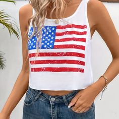 Celebrate Independence Day With This American Flag Print T-Shirt! This Casual Crop Top Short Sleeve Summer T-Shirt Is Perfect For Showing Your Patriotism. Made From A Soft And Comfortable Material, This T-Shirt Is Perfect For A Day Of Barbecues And Fireworks. Show Your Love Of Country With This Stylish And Comfortable Women's Clothing Piece! American Flag Print T-Shirt, Casual Crop Top Short Sleeve Summer Independence Day T-Shirt, Women's Clothing Look Fabulous In This Print T-Shirt - Perfect Fo White T-shirt With American Flag Print For Spring, White Crew Neck Cotton Tank Top, White Cotton Crew Neck Tank Top, American Flag Print Crew Neck Top For Spring, Red Cotton Top For 4th Of July, Red Cotton Tops For 4th Of July, Red Sleeveless T-shirt Casual Style, Red Sleeveless Casual T-shirt, Casual Red T-shirt With American Flag Print