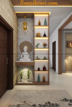 a room with shelves and vases on the wall