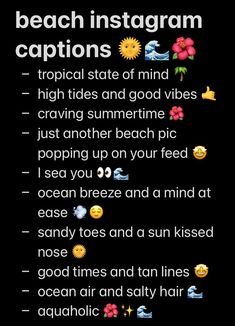 the beach instagram caption is displayed on a black background with flowers and sunflowers