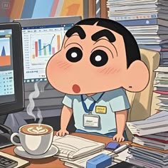 a cartoon character sitting at a desk with a cup of coffee in front of him