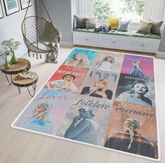 a living room area rug with various movie posters on the floor and in front of a window