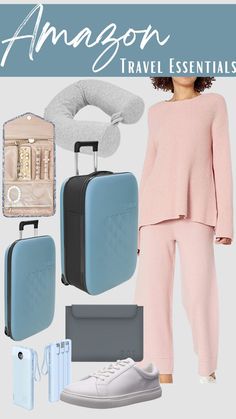 a woman in pink sweater and pants with luggage