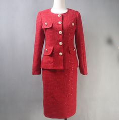 Women's Custom Hand Made Christmas Red Tweed Sequinned Blazer Coat+ Long / short Skirt / Shorts / Trousers Pants Suit  Perfect for any formal events such as business meetings, job interview, graduation, evening dinner.  Red + Sparkle Sequinned Fabric + Golden Buttons is a Must Have combination for this Christmas Party. You will become a star in any occasion of this Christmas! UK CUSTOMER SERVICE! All items are made to order. Please advise your height, weight and body measurements ( Bust, shoulde Tweed Pants, Evening Dinner, Skirt Shorts, Red Sparkle, Red Suit, Simple Blouse, Pants Suit, Trousers Pants, Tweed Fabric