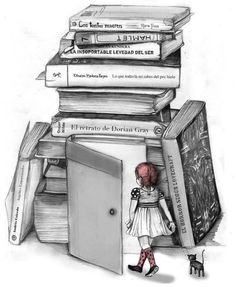 a drawing of a girl standing in front of stacks of books with the caption imagine grupo modifica