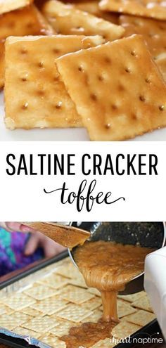 saltine cracker toffe on a tray with the words saltine cracker toffe