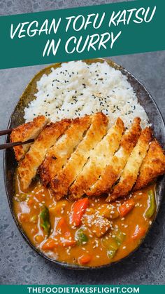 vegan tofu in curry with rice and carrots on the side text reads vegan tofu katsu in curry