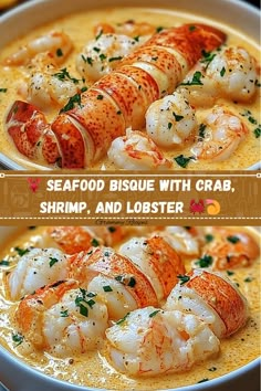 two pictures of shrimp and lobster in a creamy broth