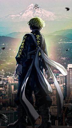 an anime character standing in front of a cityscape with mountains and birds flying overhead