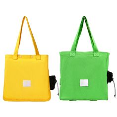 two bags are shown side by side, one is green and the other is yellow