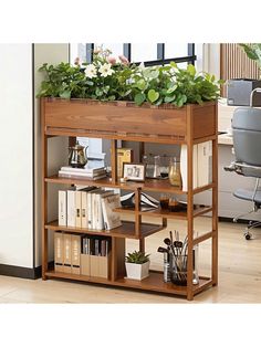 a wooden shelf filled with books and plants