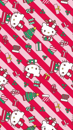 a hello kitty wallpaper with christmas decorations and presents on red and pink striped background