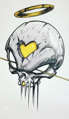 a drawing of a skull with a yellow heart on it