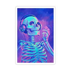 a skeleton listening to headphones and holding a microphone